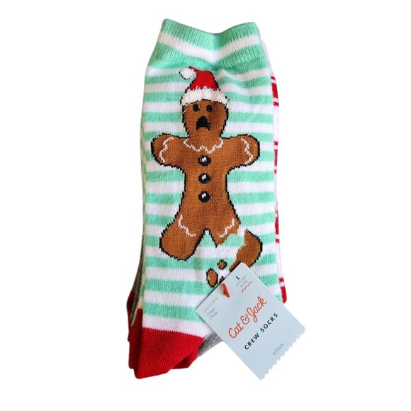 Cat & Jack Crew Socks 4 pairs Gingerbread Man Polka Dots Stripes Shoe Sz 3-10 L - Picture 1 of 3